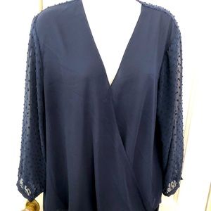 Q&A Navy Swiss Dot Sleeve Blouse